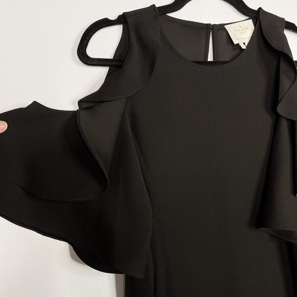 Kate Spade Small S Black Ruffled Crepe Cold Shoulder Dress LBD Cocktail Shift - Picture 5 of 12